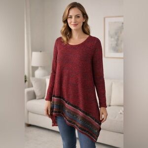 Soft Surroundings 1X Plus Sweater Tunic Red Multi Texture Hem Casual Knit